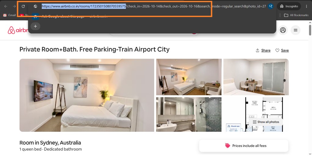 Airbnb listing page with the browser address bar showing the /rooms/ URL to copy