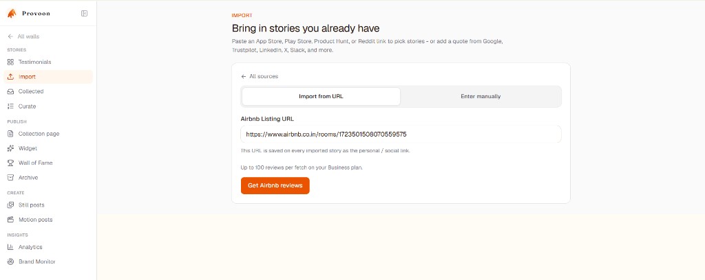 Provoon Import screen with Airbnb listing URL pasted and Get Airbnb reviews button ready