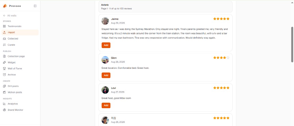List of Airbnb reviews in Provoon with the Add button on review cards