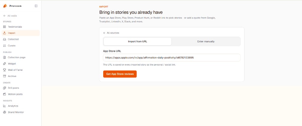 Provoon Import screen with App Store URL pasted and Get App Store reviews button ready