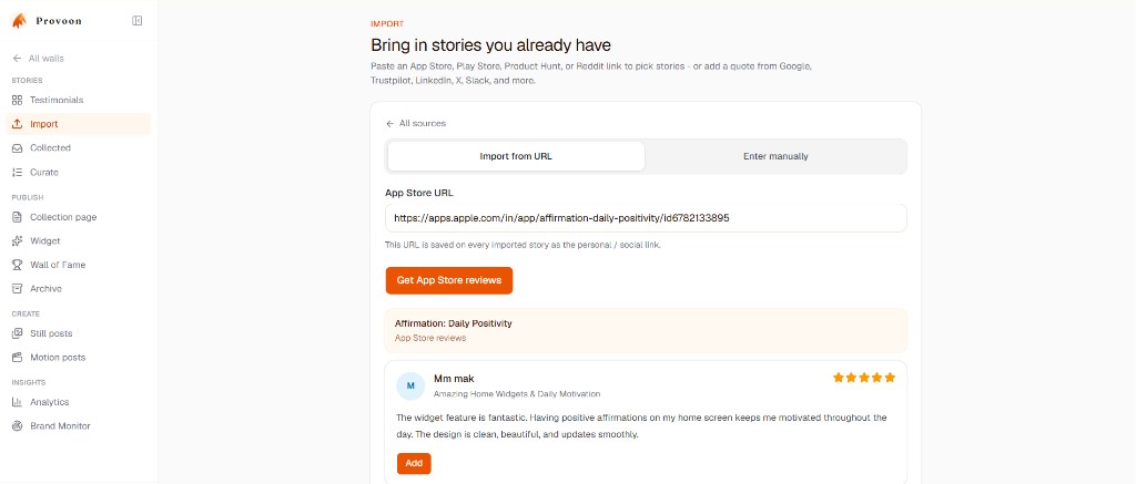 List of App Store reviews in Provoon with the Add button on a review card