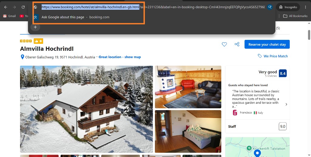 Booking.com hotel page with the browser address bar highlighted so you can copy the /hotel/ URL