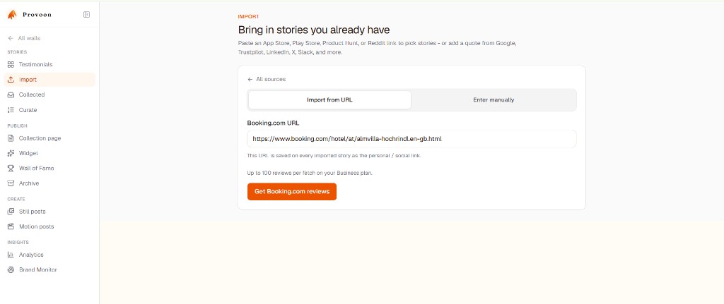 Provoon Import screen with Booking.com URL pasted and Get Booking.com reviews button ready