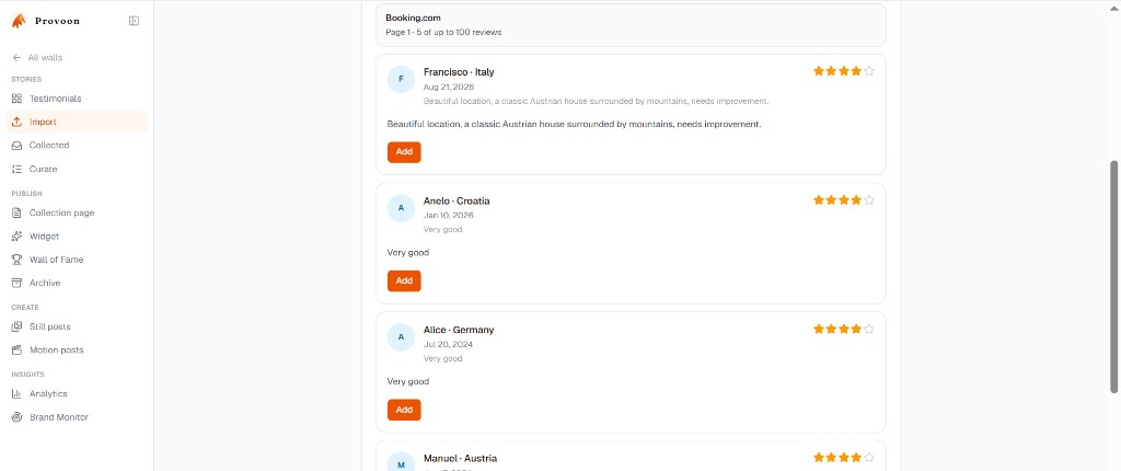 List of Booking.com reviews in Provoon with the Add button on review cards
