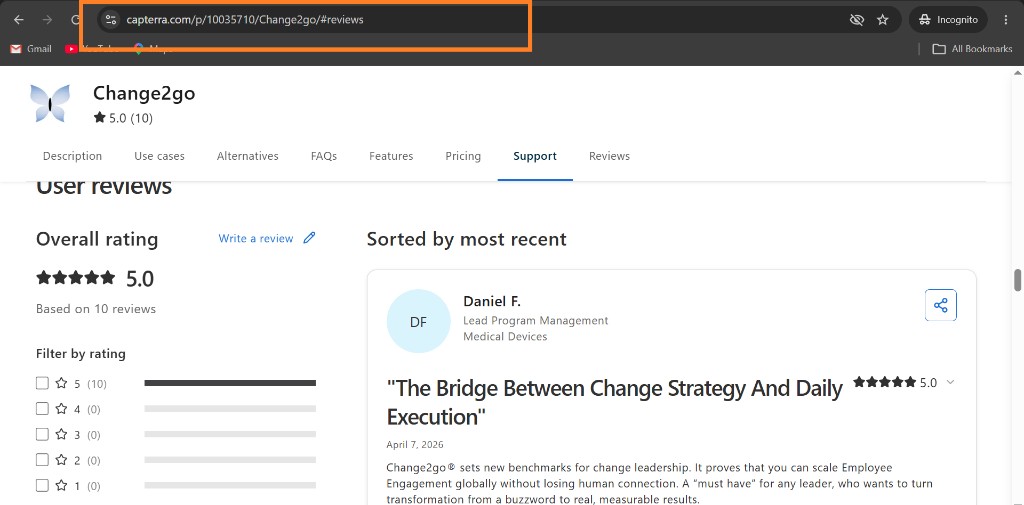 Capterra product reviews page with the browser address bar highlighted so you can copy the /p/ URL