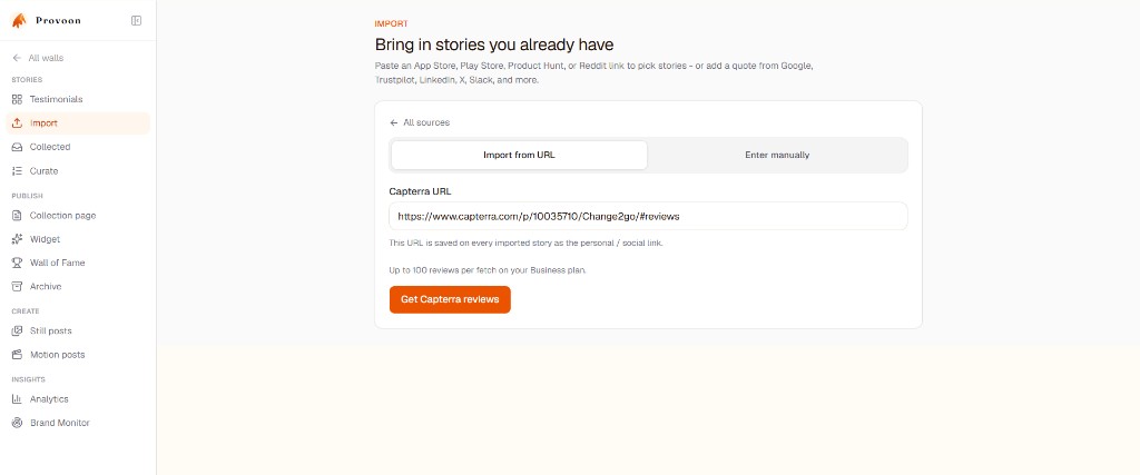 Provoon Import screen with Capterra URL pasted and Get Capterra reviews button ready