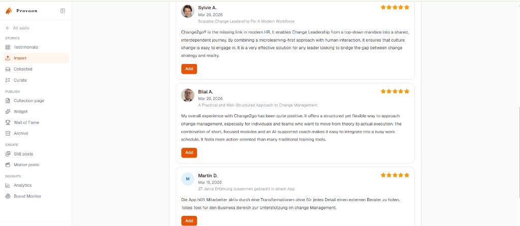 List of Capterra reviews in Provoon with the Add button on review cards