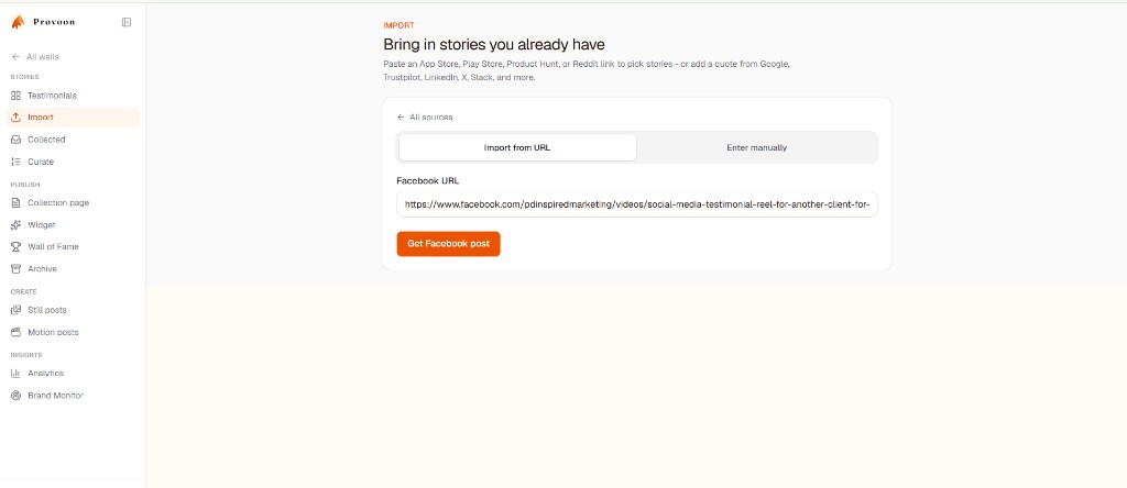 Provoon Import screen with a Facebook URL pasted and Get Facebook post button ready