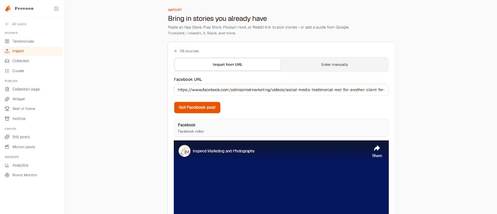 Facebook post preview in Provoon after Get Facebook post, with Add to wall ready