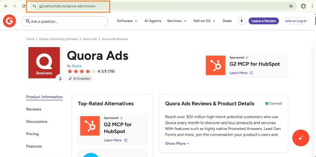 G2 product reviews page with the browser address bar highlighted so you can copy the product URL