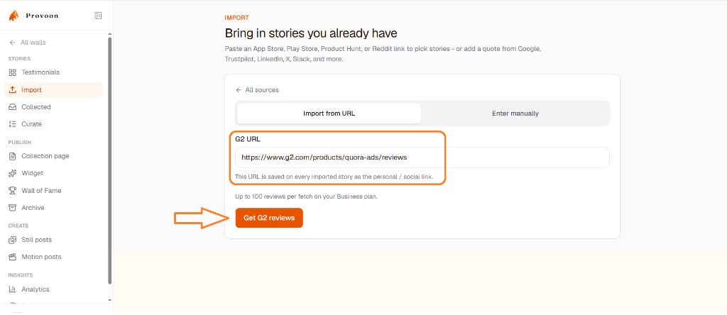 Provoon Import screen with G2 URL pasted and Get G2 reviews button highlighted