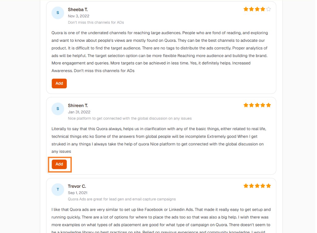 List of G2 reviews in Provoon with the Add button highlighted on a review card