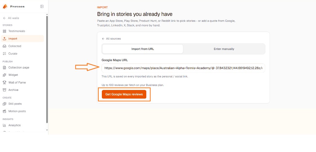 Provoon Import screen with Google Maps URL pasted and Get Google Maps reviews button highlighted