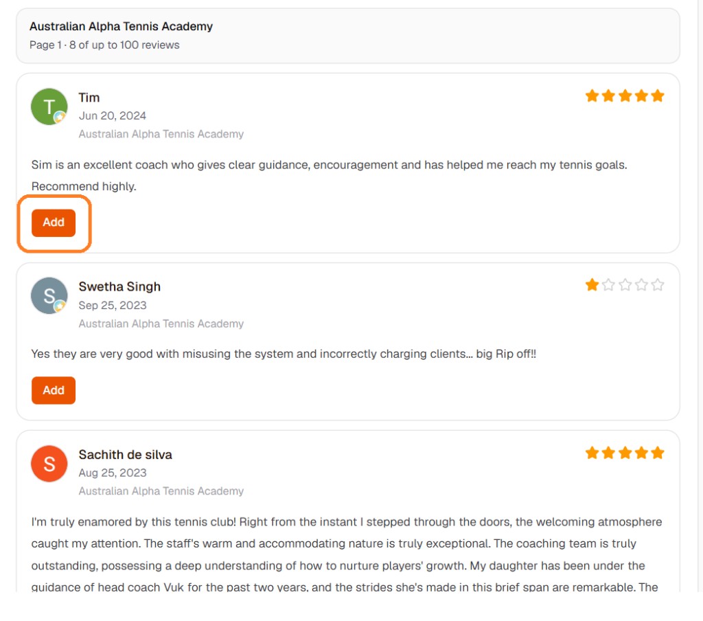 List of Google Maps reviews in Provoon with the Add button highlighted on a review card