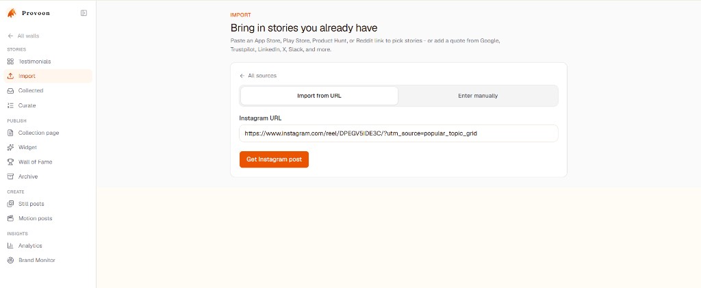 Provoon Import screen with an Instagram Reel URL pasted and Get Instagram post button ready