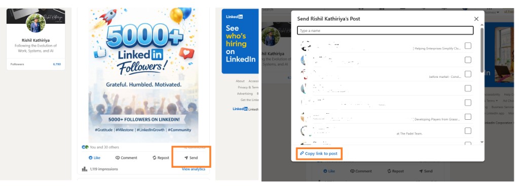 LinkedIn post with Send highlighted, then the Send modal with Copy link to post highlighted