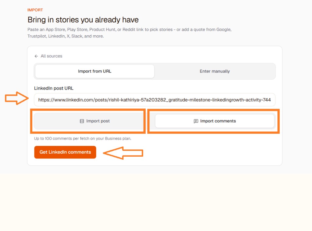 Provoon Import screen with LinkedIn post URL pasted, Import post and Import comments options, and Get LinkedIn comments highlighted