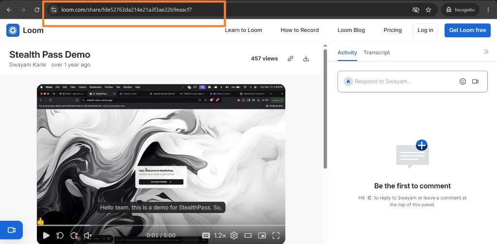 Loom share page with the browser address bar highlighted so you can copy the share URL