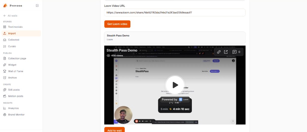 Loom video preview in Provoon with Add to wall button ready