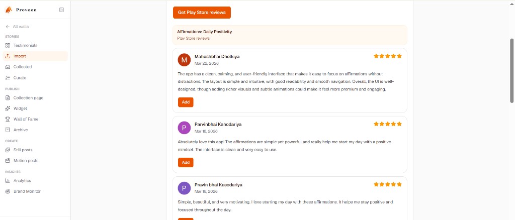 List of Play Store reviews in Provoon with the Add button on review cards