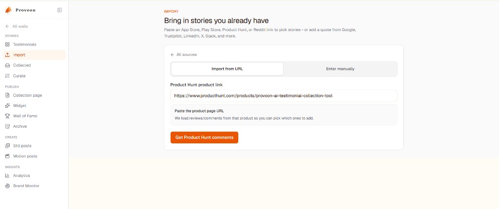 Provoon Import screen with Product Hunt product link pasted and Get Product Hunt comments button ready