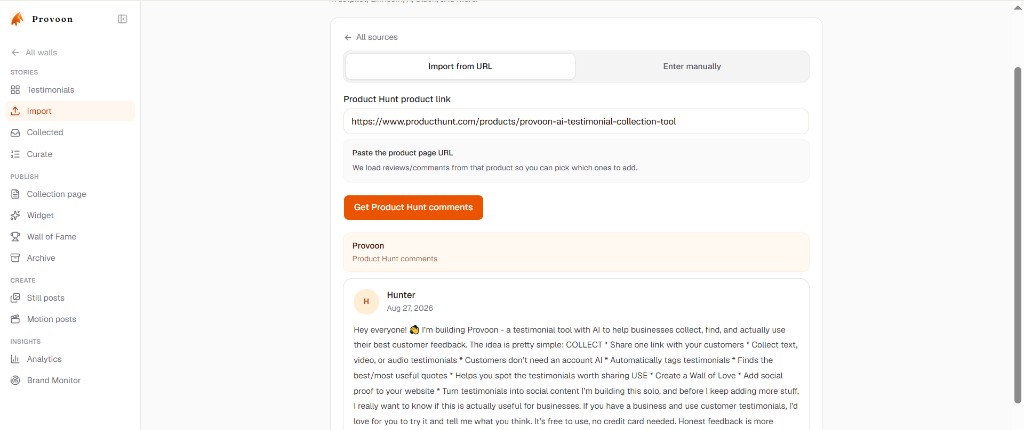 Product Hunt comments listed in Provoon after fetching from the product URL