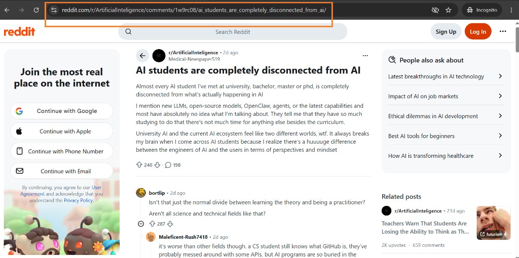 Reddit post page with the browser address bar highlighted so you can copy the post URL