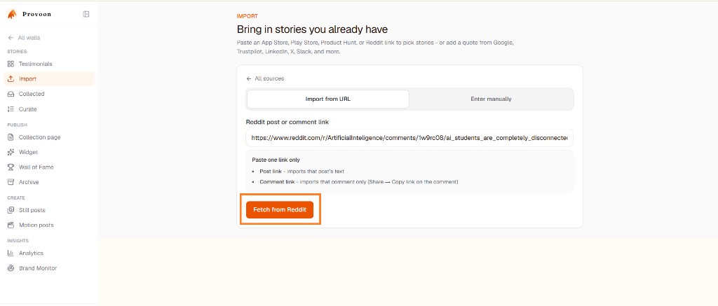 Provoon Import screen with a Reddit URL pasted and Fetch from Reddit button highlighted
