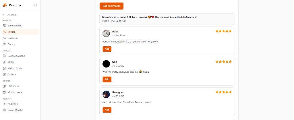 List of TikTok comments in Provoon after Get comments, with Add on each comment card