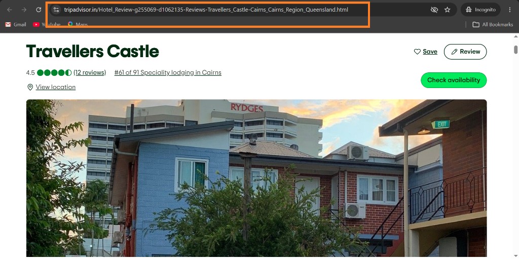 TripAdvisor hotel listing with the browser address bar highlighted so you can copy the Hotel_Review URL