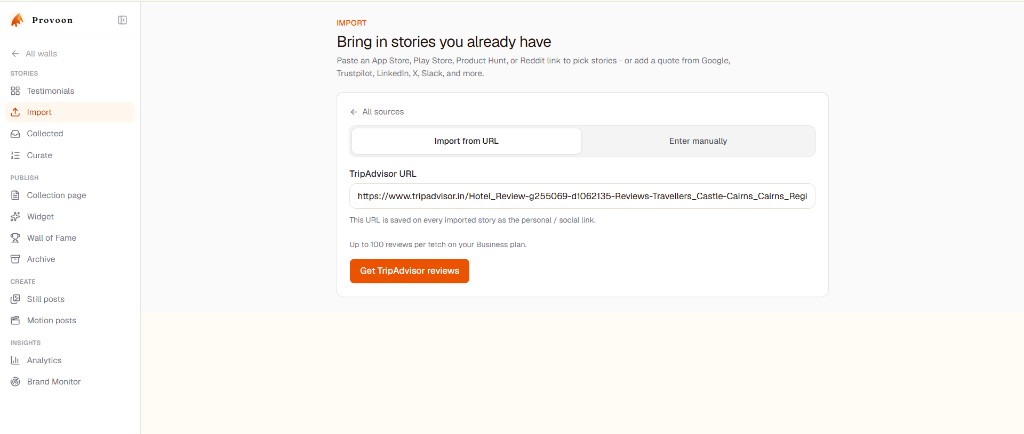 Provoon Import screen with TripAdvisor URL pasted and Get TripAdvisor reviews button ready