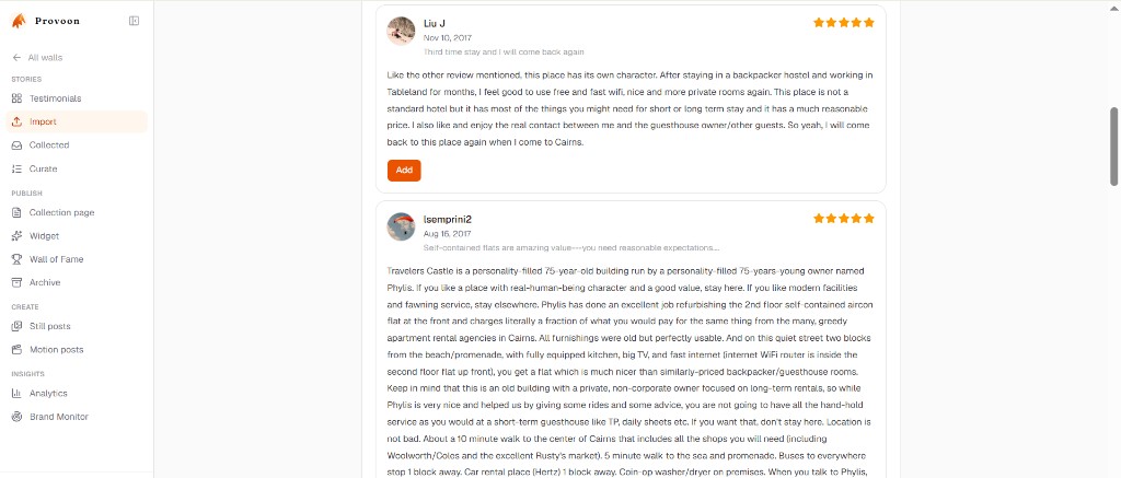 List of TripAdvisor reviews in Provoon with the Add button on review cards
