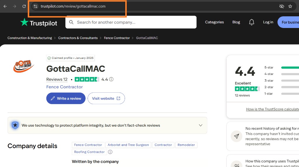 Trustpilot business profile with the browser address bar highlighted so you can copy the review page URL