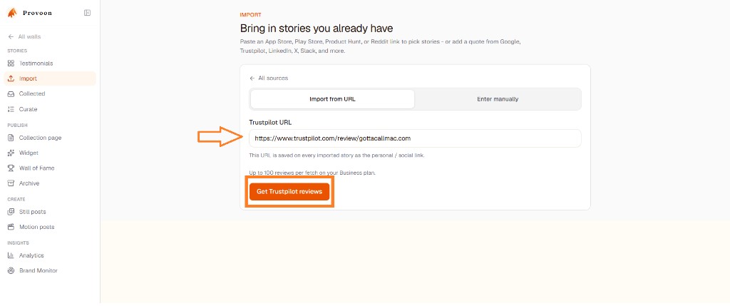 Provoon Import screen with Trustpilot URL pasted and Get Trustpilot reviews button highlighted
