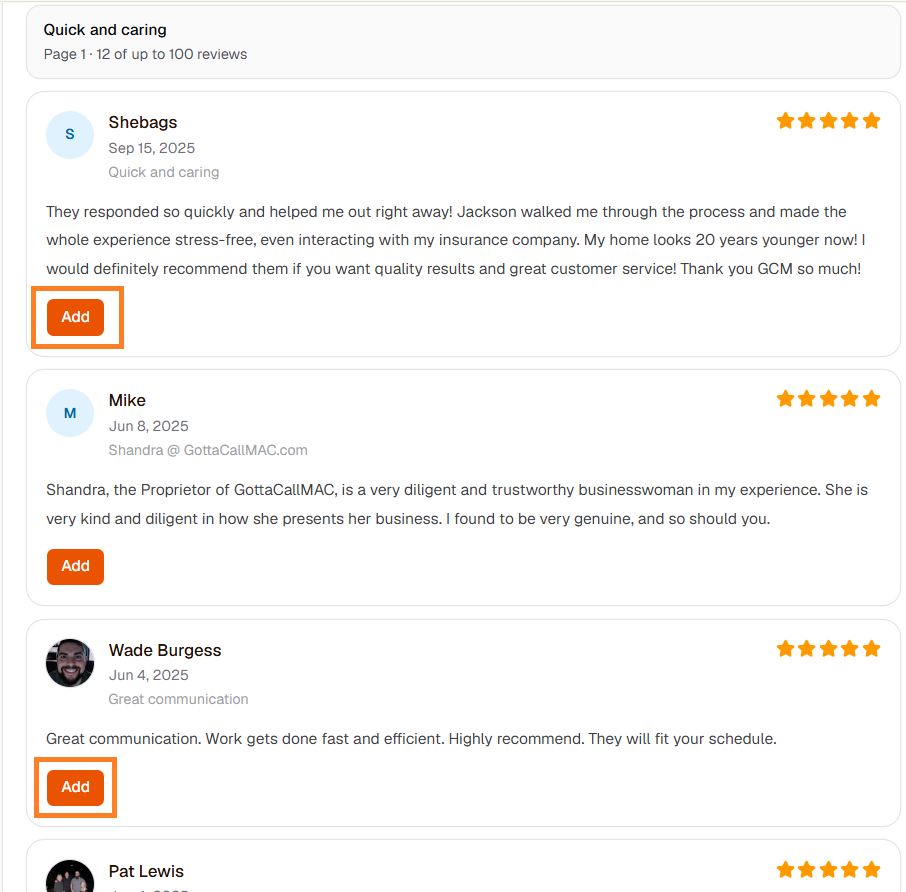 List of Trustpilot reviews in Provoon with the Add button highlighted on review cards
