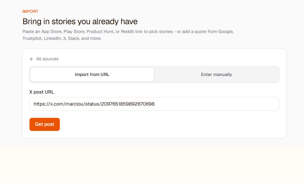 Provoon Import screen with an X post URL pasted and Get post button ready