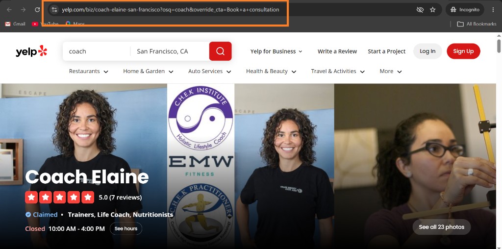 Yelp business page with the browser address bar highlighted so you can copy the /biz/ URL