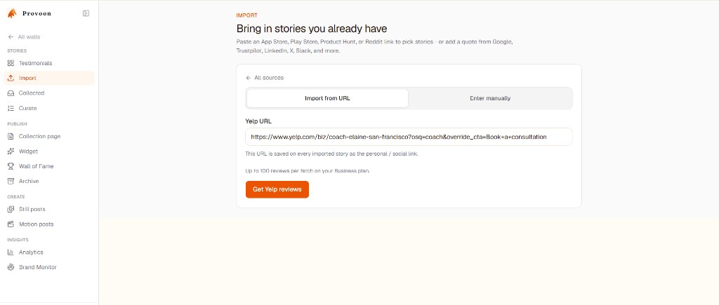 Provoon Import screen with Yelp URL pasted and Get Yelp reviews button ready