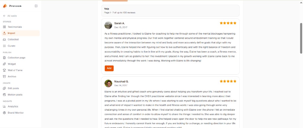 List of Yelp reviews in Provoon with the Add button on a review card