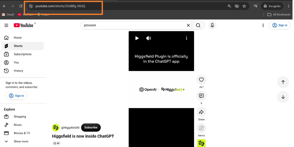 YouTube Shorts page with the browser address bar highlighted so you can copy the video URL