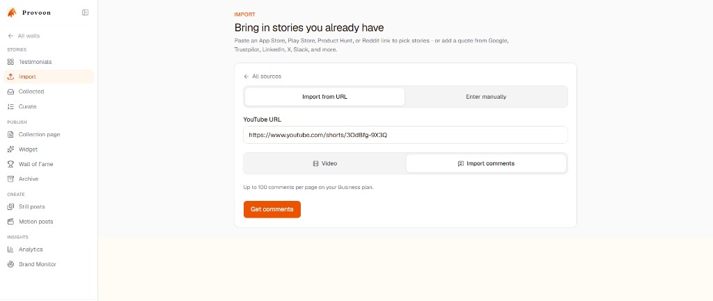 Provoon Import screen with a YouTube Shorts URL pasted and Video vs Import comments options