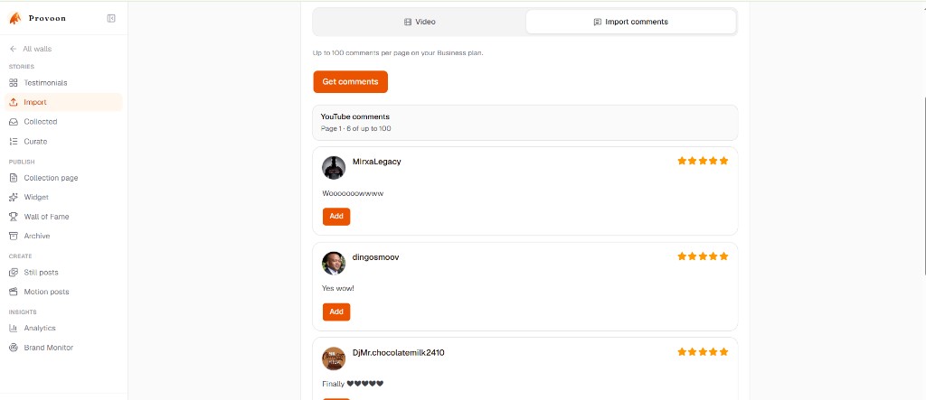 List of YouTube comments in Provoon with Add buttons on each comment card